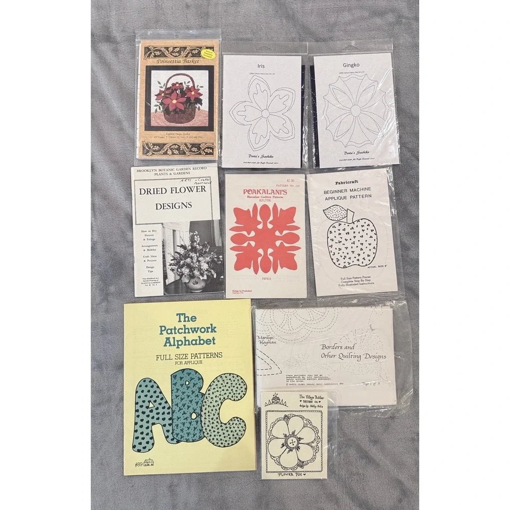 Vtg Applique Quilt Pattern Lot Hawaiian Sashiko Alphabet Poakalani 9pc Craft Lot